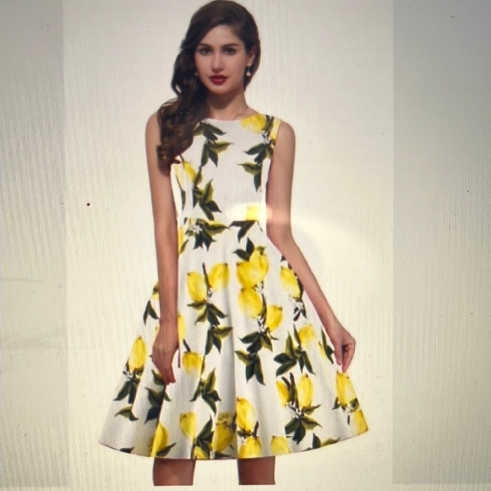 FROCK IT White and Yellow Lemon Print Fitted and Flattering Dress Sz L